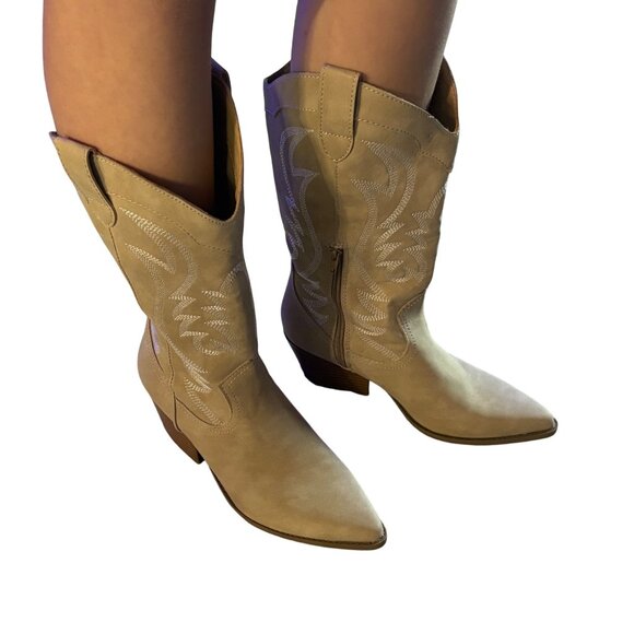 Tan Western Cowboy Boots Indigo Rd. Embroidered Mid-Calf Stacked Heel Womens 7M - Picture 1 of 15